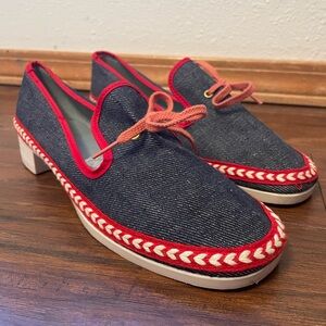Vintage 70s 80s Denim Linen Braided Trim Flats Loafers Made in USA Women’s 7.5